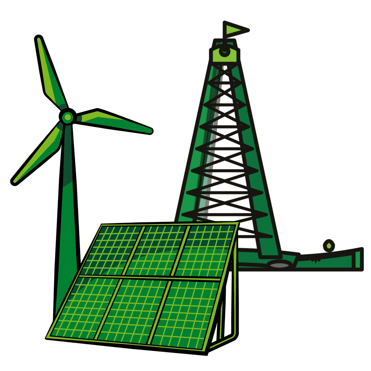 Illustration Windrad und Solarpanel vor einem Ölbohrturm